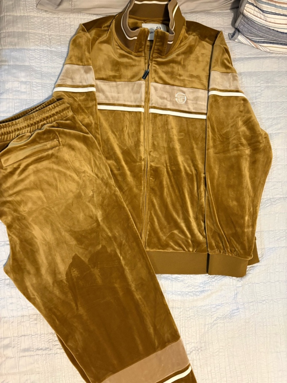 NWOT  Sergio Tacchini Velour Track Set with Chest Stripe - Golden Brown